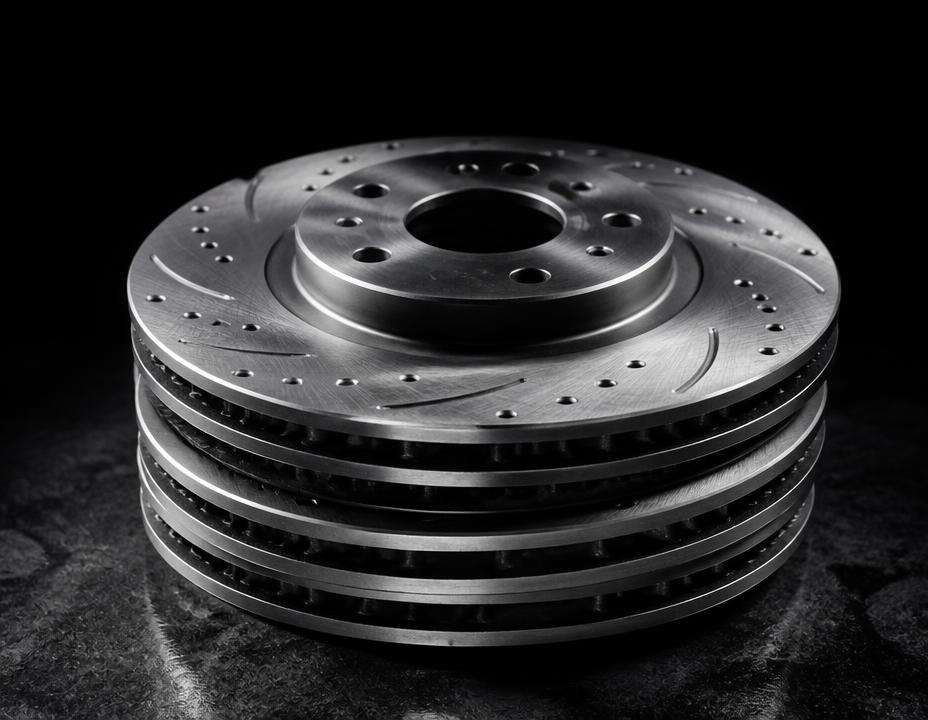Stack of drilled and slotted brake rotors